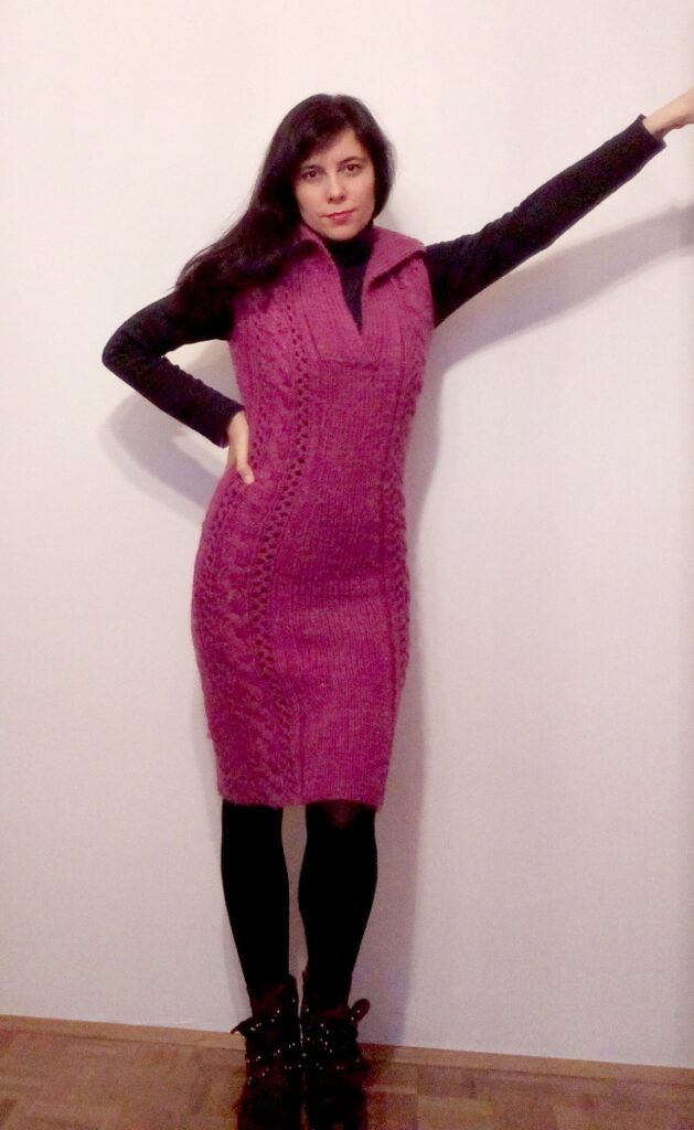 knit winter dress in cable stitch with polo neck