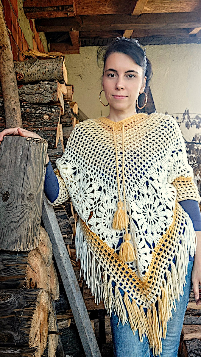 crochet yellow beige poncho Margo with sleeves patchwork flower motifs