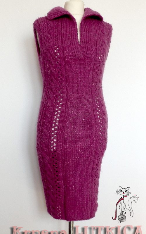 knit winter dress in cable stitch with polo neck