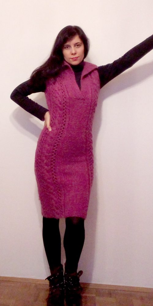 knit winter dress in cable stitch with polo neck