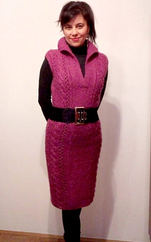 knit winter dress in cable stitch with polo neck