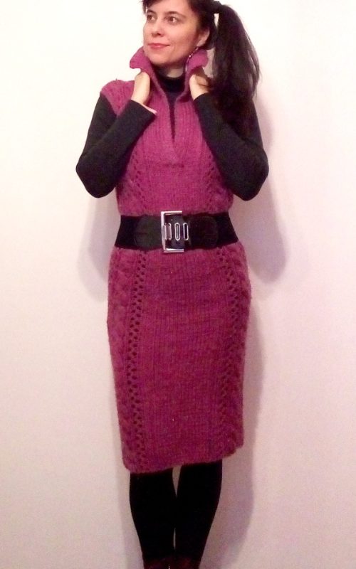 knit winter dress in cable stitch with polo neck